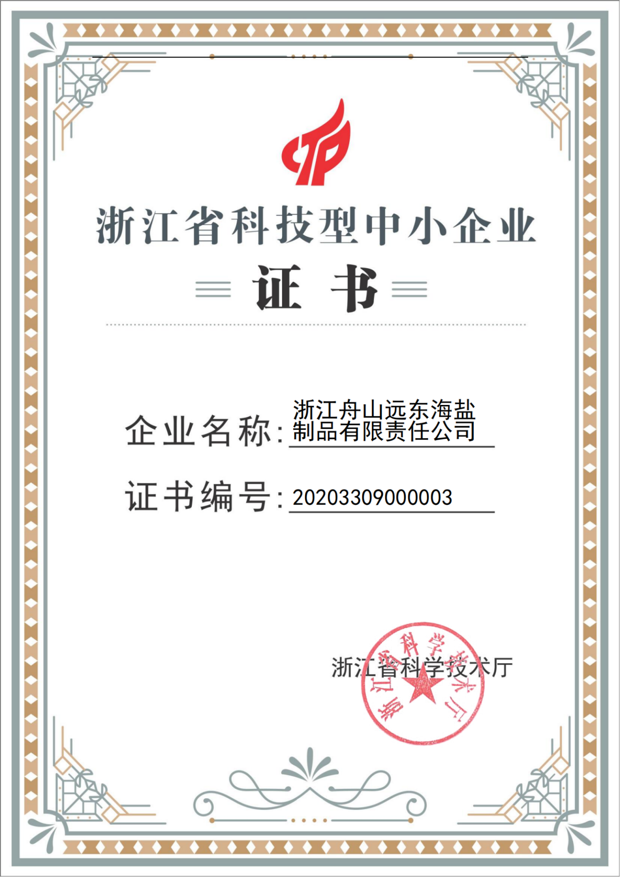 8.远东海盐制品公司浙江省科技型中小企业证书_00