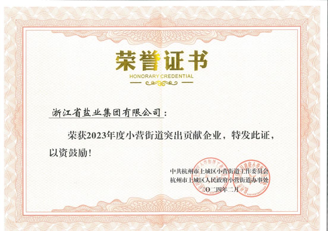 浙盐集团荣获2023年度小营街道突出贡献企业_00